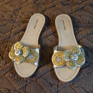 Miu Miu Gold and Silver Floral Sandals